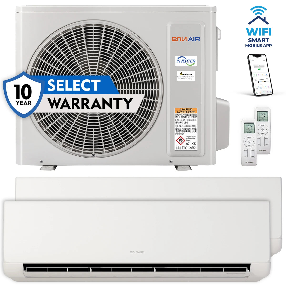 EnviAir 1.5-Ton 18,000 BTU 21 SEER Smart Multi-Zone Ductless Mini-Split Heat Pump System – 230V - EMSS21M18ZE230A (Includes 2 x Indoor Units + Outdoor Unit)
