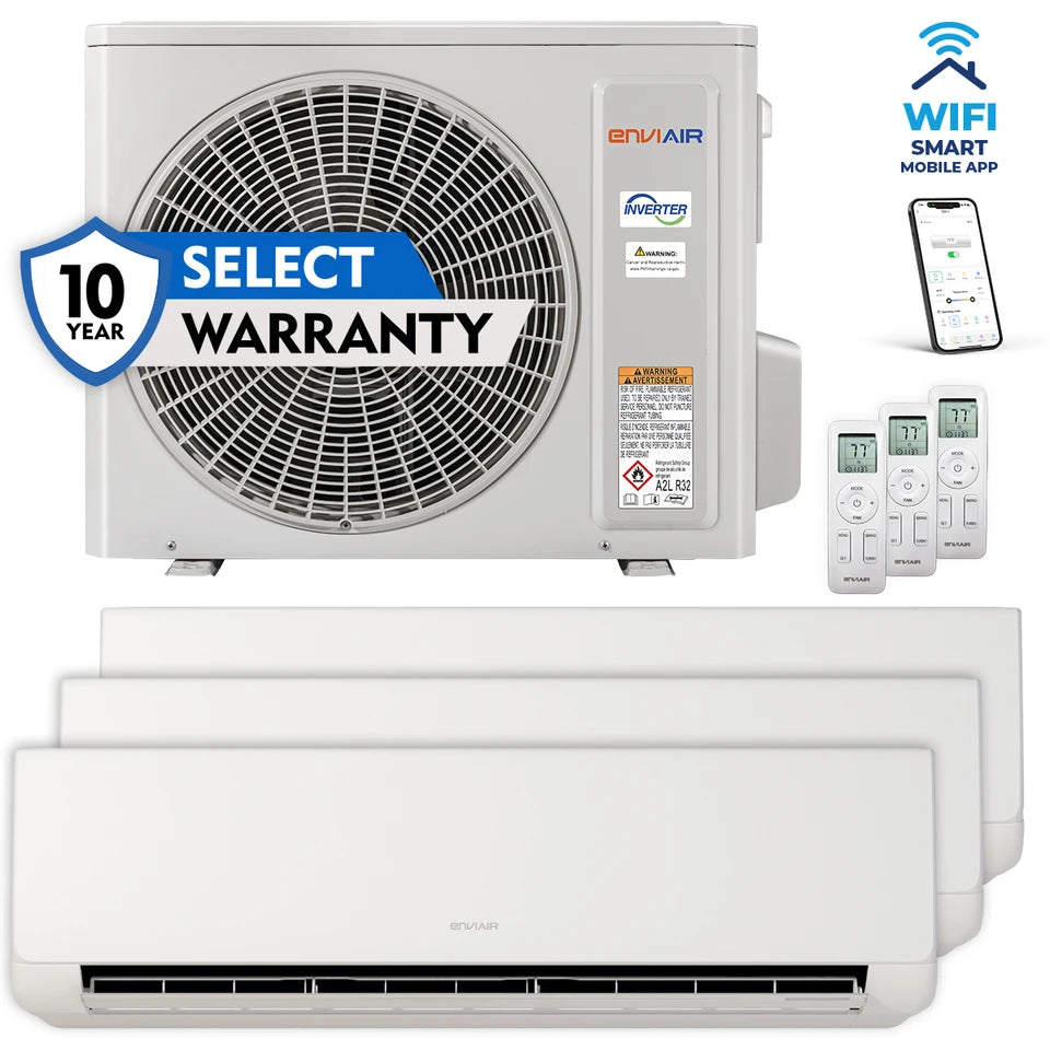 EnviAir 2-Ton 24,000 BTU 21 SEER Smart Multi-Zone Ductless Mini-Split Heat Pump System – 230V - EMSS21M24ZE230A (Includes 3 x Indoor Units + Outdoor Unit)