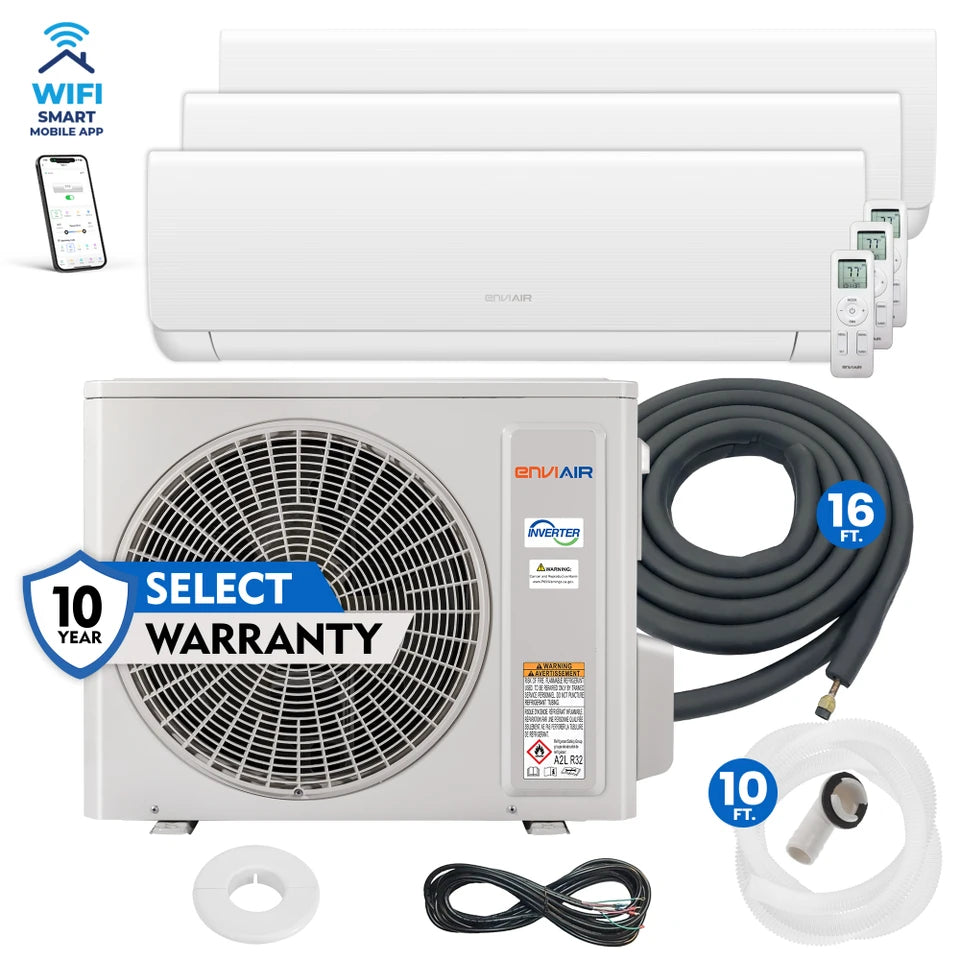 EnviAir 2-Ton 24,000 BTU 21 SEER Smart Multi-Zone Ductless Mini-Split Heat Pump System – 230V - EMSS21M24ZE230A (Includes 3 x Indoor Units + Outdoor Unit)
